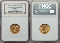Republic gold 20 Francs 1953-(b) MS65 NGC, Brussels mint, KMX-M1. Issued as a marriage commemorative of Prince Jean and Princess Josephine Charlotte. ...
