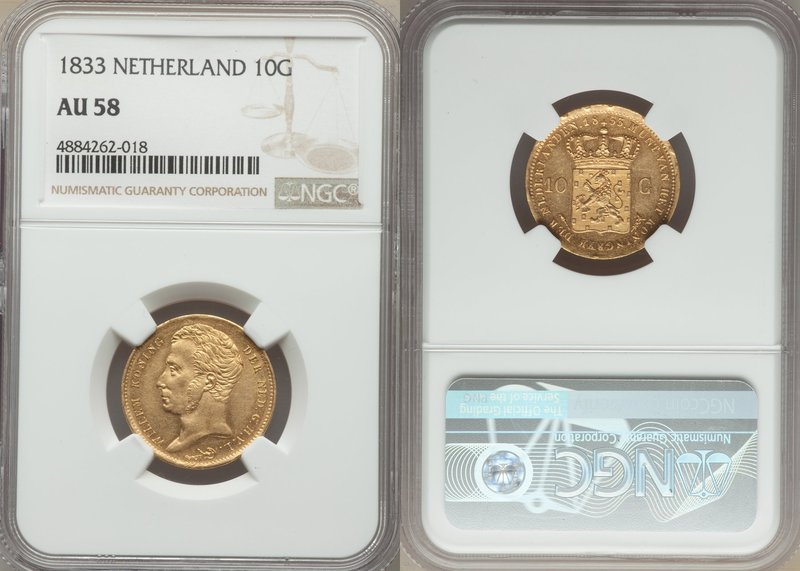 Willem I gold 10 Gulden 1833 AU58 NGC, KM56. AGW 0.1947 oz.

HID09801242017