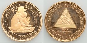 Republic gold Proof 500 Cordobas 1975, KM39. Mintage: 1,120. Earthquake relief issue. AGW 0.1563 oz. 

HID09801242017