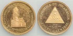 Republic gold Proof 500 Cordobas 1975, KM38. Mintage: 100. 20.9mm 5.41gm. Commemorative honoring the Colonial Church La Merced. AGW 0.1583 oz.

HID098...
