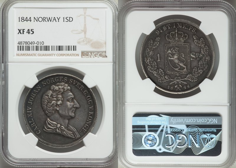 Carl XIV Johan Speciedaler 1844 XF45 NGC, Konigsberg mint, KM313. One year type....