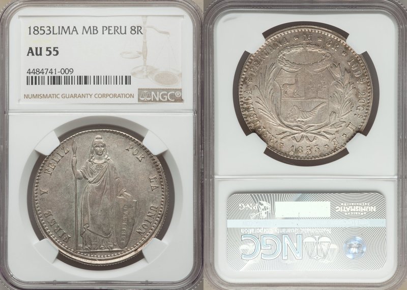 Republic 8 Reales 1853 LM-MB AU55 NGC, Lima mint, KM142.12. Light peach and gray...