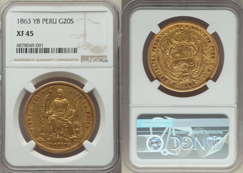 Republic gold 20 Soles 1863 LIMA-YB XF45 NGC, Lima mint, KM194. AGW 0.9334 oz.

...