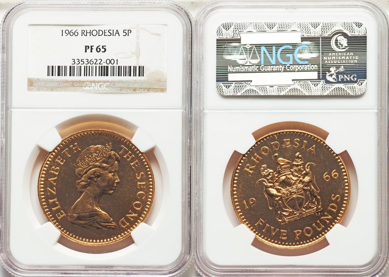 British Colony. Elizabeth II gold Proof 5 Pounds 1966 PR65 NGC, British Royal mi...