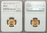 Nicholas II gold 5 Roubles 1901-ФЗ MS64 NGC, St. Petersburg mint, KM-Y62. AGW 0.1245 oz.

HID09801242017
