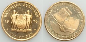 Republic gold Proof 100 Gulden 1976-(u), Utrecht mint, KM18a. Mintage: 4,479. 22mm. 6.71gm. 

HID09801242017
