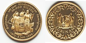 Republic gold Proof 50000 Gulden 1998-(B), British Royal mint, KM51. Mintage: 2,500 of which this is # 451. 22mm. 7.98gm. Issued for the Hindu immigra...