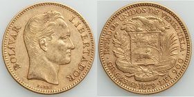 Republic gold 20 Bolivares 1879 XF, Brussels mint, KM-Y32. 21mm. First year of issue for this type. AGW 0.1867 oz. 

HID09801242017