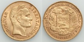 Republic gold 20 Bolivares 1912 XF, Paris mint, KM-Y32. 21.4mm. 6.44gm. Note: die varieties exist in the placement of the torch privy mark in relation...
