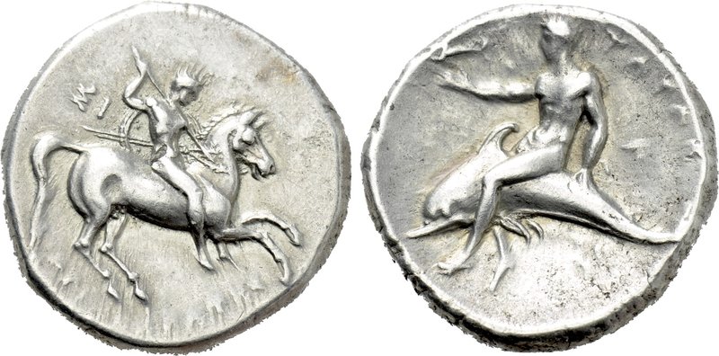 CALABRIA. Tarentum. Nomos (Circa 302-280 BC). 

Obv: Warrior, holding shield a...
