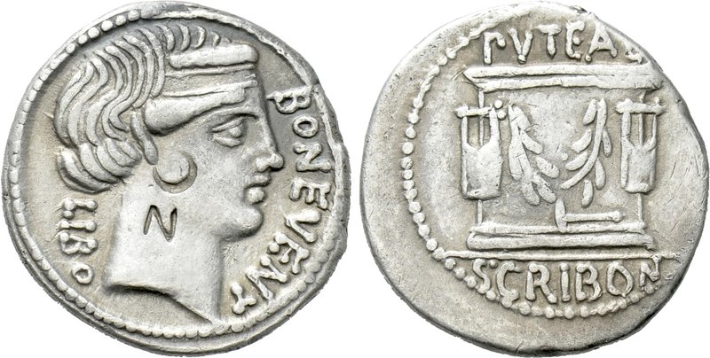 L. SCRIBONIUS LIBO. Denarius (62 BC). Rome. 

Obv: BON EVENT / LIBO. 
Diademe...
