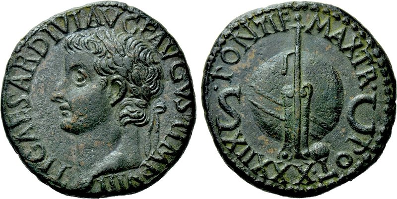 TIBERIUS (14-37). As. Rome. 

Obv: TI CAESAR DIVI AVG F AVGVST IMP VIII. 
Lau...