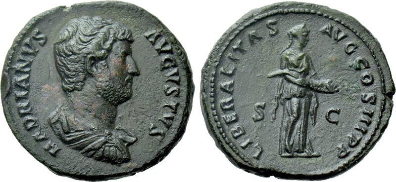 HADRIAN (117-138). As. Rome. 

Obv: HADRIANVS AVGVSTVS. 
Bare headed, draped ...