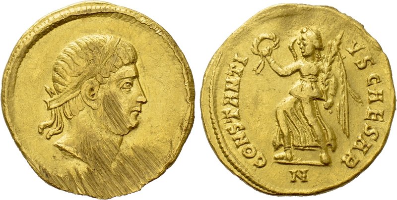 CONSTANTIUS II (Caesar, 324-337). GOLD Solidus. Nicomedia. 

Obv: Diademed hea...