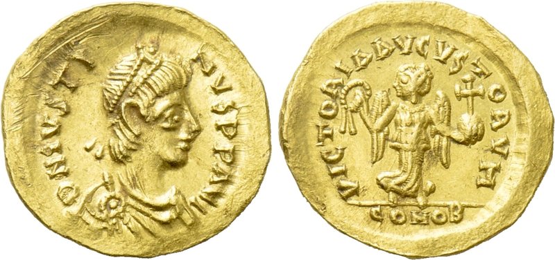JUSTIN I (518-527). GOLD Tremissis. Constantinople. 

Obv: D N IVSTNIVS P P AV...