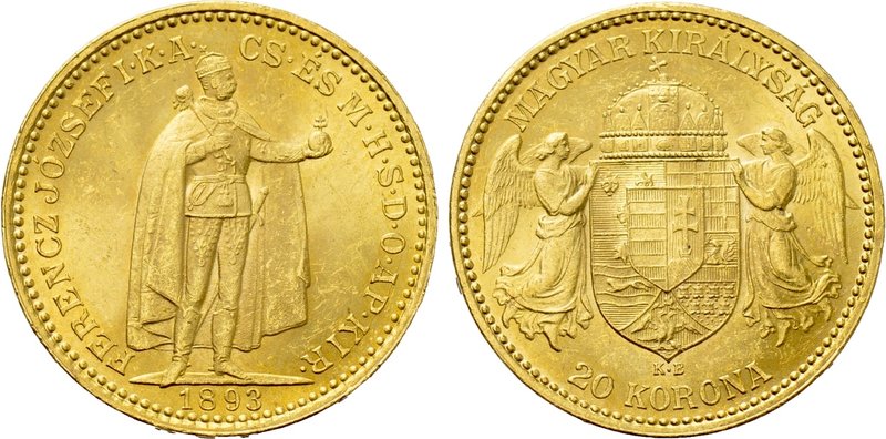 HUNGARY. Franz Josef I (1848-1916). GOLD 20 Korona (1893-KB). Kremnitz. 

Obv:...