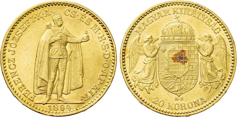 HUNGARY. Franz Josef I (1848-1916). GOLD 20 Korona (1894-KB). Kremnitz. 

Obv:...
