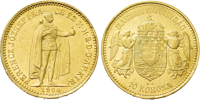 HUNGARY. Franz Joseph I (1848-1916). GOLD 10 Korona (1904-KB). Kremnitz. 

Obv...