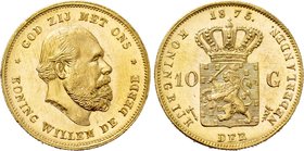 NETHERLANDS. Willem III (1849-1890). GOLD 10 Gulden (1875). Utrecht.