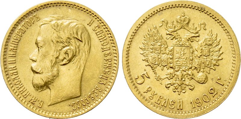 RUSSIA. Nicholas II (1894-1917). GOLD 5 Rubels (1902-AP). St. Petersburg. 

Ob...