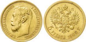 RUSSIA. Nicholas II (1894-1917). GOLD 5 Rubels (1902-AP). St. Petersburg.