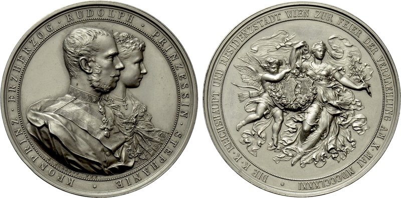 AUSTRIA. Rudolf with Stéphanie (Crown Prince, 1858-1889). Silvered Bronze Medal ...