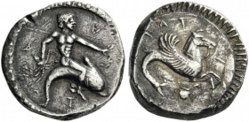 GREEK COINS 
 CALABRIA 
 Tarentum. Circa 490-480 BC. Stater (Silver, 18mm, 8.00 g 3). ΤΑΡΑΣ Phalanthos, nude, riding dolphin to right, his left arm ...