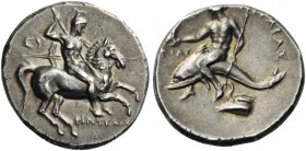 GREEK COINS 
 CALABRIA 
 Tarentum. Circa 280-272 BC. Stater (Silver, 22mm, 6.57 g 12), Phintylos and Eu.... Warrior, nude but for his helmet, riding...