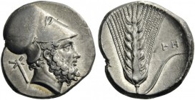 GREEK COINS 
 LUCANIA 
 Metapontum. Circa 340-330 BC. Didrachm or nomos (Silver, 20mm, 7.71 g 6). Bearded head of Leukippos to right, wearing Corint...
