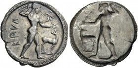 GREEK COINS 
 BRUTTIUM 
 Kaulonia. Circa 525-500 BC. Stater (Silver, 30mm, 8.33 g 12). ΚΑVΛ Apollo, nude, striding right, brandishing laurel branch ...