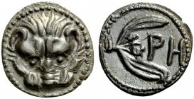 GREEK COINS 
 BRUTTIUM 
 Rhegion. Circa 420-415/0 BC. Litra (Silver, 10mm, 0.73 g 6). Lion’s mask facing. Rev. ΡΗ Olive sprig, with two leaves and t...