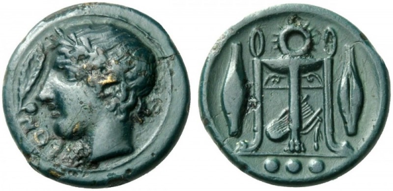 GREEK COINS 
 SICILY 
 Leontinoi. Circa 405 BC. Tetras (Bronze, 14mm, 2.00 g 2...