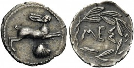 GREEK COINS 
 SICILY 
 Messana. 460-451 BC. Litra (Silver, 14mm, 0.76 g 8). Hare springing to right; below, cockle shell. Rev. ΜΕΣ within olive wrea...