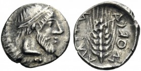GREEK COINS 
 SICILY 
 Morgantina. Circa 465-459 BC. Litra (Silver, 16mm, 0.80 g 3). Bearded male head to right, wearing taenia. Rev. ΜΟRCΑ-ΝΤΙΝΑ ( ...