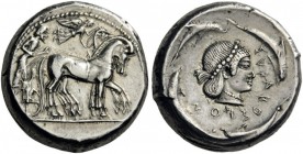 GREEK COINS 
 SICILY 
 Syracuse. Deinomenid Tyranny, 485-466 BC. Tetradrachm (Silver, 23mm, 17.27 g 9), c. 478-475 BC. Bearded charioteer driving qu...