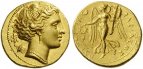 GREEK COINS 
 SICILY 
 Pyrrhos, King of Epiros, 297-272 BC. Stater (Gold, 15mm, 4.27 g 6), as King of Sicily, Syracuse, 278-275. Head of Artemis to ...
