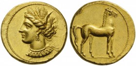 GREEK COINS 
 CARTHAGINIANS IN SICILY 
 Carthage. Circa 350-320 BC. Stater (Gold, 18mm, 9.19 g 12). Head of Tanit to left, wearing grain wreath, tri...