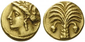 GREEK COINS 
 CARTHAGINIANS IN SICILY 
 Carthage. Circa 350-320 BC. Quarter Stater (Gold, 10mm, 2.43 g 10). Head of Tanit to left, wearing wreath of...