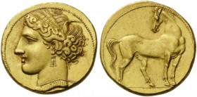 GREEK COINS 
 CARTHAGINIANS IN SICILY 
 Carthage. Circa 270-264 BC. Trihemistater (Gold, 22mm, 12.51 g 12). Head of Tanit to right, wearing grain wr...