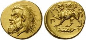 GREEK COINS 
 CIMMERIAN BOSPOROS 
 Pantikapaion. Circa 355-340 BC. Stater (Gold, 18mm, 9.09 g 2). Head of bearded Pan with goat’s ear and unkempt ha...
