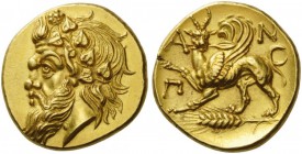 GREEK COINS 
 CIMMERIAN BOSPOROS 
 Pantikapaion. Circa 340 BC. Stater (Gold, 18mm, 9.17 g 12). Head of Pan to left, with a pointed beard, a goat’s e...