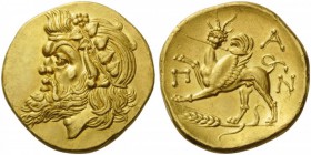GREEK COINS 
 CIMMERIAN BOSPOROS 
 Pantikapaion. Circa 340-325 BC. Stater (Gold, 20mm, 9.11 g 12). Head of Pan to left, with a pointed beard, a goat...