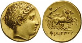 GREEK COINS 
 KINGS of MACEDON 
 Philip II, 359-336 BC. Stater (Gold, 18mm, 8.63 g 11), Pella, c. 340-328 or c. 336-328. Laureate head of Apollo to ...