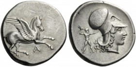 GREEK COINS 
 EPEIROS 
 Ambrakia. Circa 360-338 BC. Stater (Silver, 22mm, 8.38 g 6). Pegasos flying right; below, A. Rev. Head of Athena to right, w...