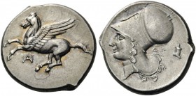GREEK COINS 
 AKARNANIA 
 Anaktorion. Circa 320-280 BC. Stater (Silver, 21mm, 8.61 g 10). ΑΝ ( ligate ) Pegasos flying left. Rev. Head of Athena to ...