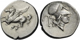 GREEK COINS 
 AKARNANIA 
 Echinos. Circa 345-300 BC. Stater (Silver, 21mm, 8.39 g 10). Pegasos flying left. Rev. Head of Athena to right, wearing Co...