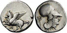 GREEK COINS 
 AKARNANIA 
 Leukas. Circa 350-320 BC. Stater (Silver, 19mm, 8.60 g 9). Pegasos flying left; below, Λ. Rev. Head of Athena to right, we...