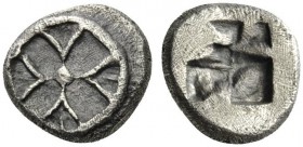 GREEK COINS 
 ATTICA 
 Athens. Circa 545-525/15 BC. Obol (Silver, 7mm, 0.66 g). Wheel with central boss, four spokes and struts. Rev. Diagonally div...