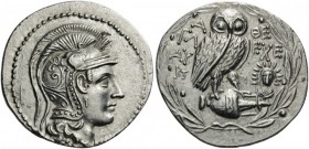 GREEK COINS 
 ATTICA 
 Athens. Circa 138/7 BC. Tetradrachm (Silver, 32mm, 17.00 g 12), New Style, Glau... and Eche... Head of Athena Parthenos to ri...