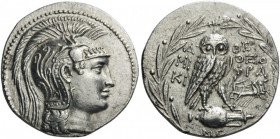 GREEK COINS 
 ATTICA 
 Athens. Circa 137/6 BC. Tetradrachm (Silver, 31mm, 16.91 g 12), New Style, Miki(on) and Theophra(stos). Head of Athena Parthe...